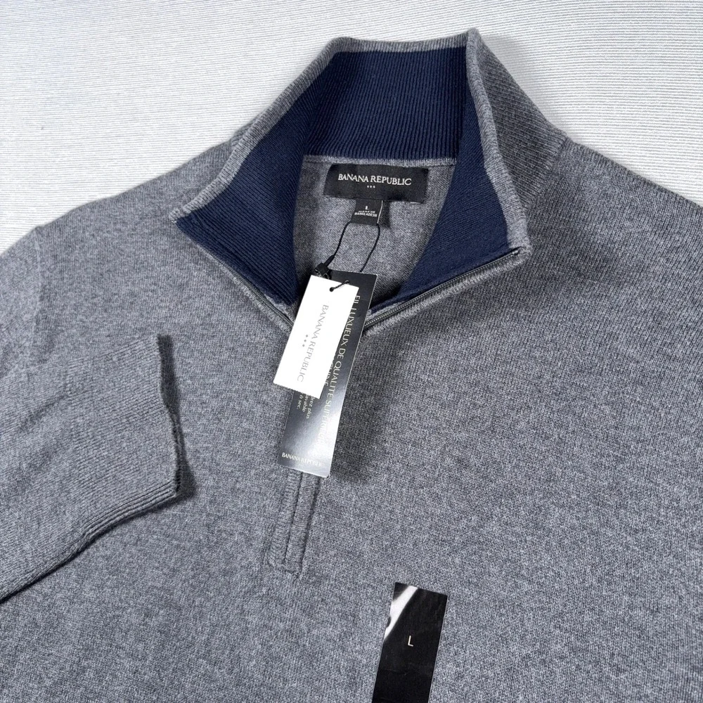 Banana Republic Premium Luxe 1/4 Zip Sweater Mens L Gray Cotton Silk Cashmere